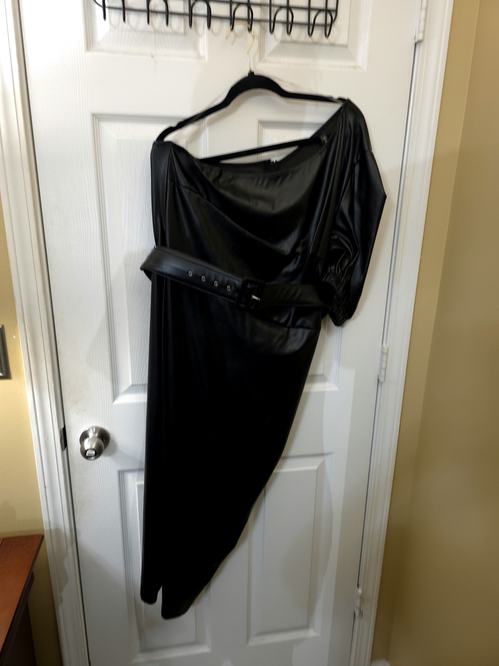 Boutique Black Faux Leather One-Shoulder Belted Midi Dress